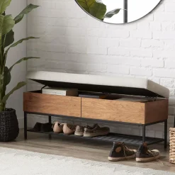 Bouclair Fabric Wood and Metal Storage Bench with Shoe Rack* Entryway Benches Ottomans And Poufs|Ottomans & Benches