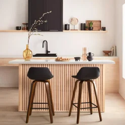 Bouclair Faux Leather and Walnut Wood Bar Stool* Furniture Accessories|Bar & Counter Stools