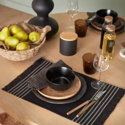 Bouclair Set of 4 Black & Natural Fringed Fabric Placemats* Dinnerware|Kitchen & Dining Accessories